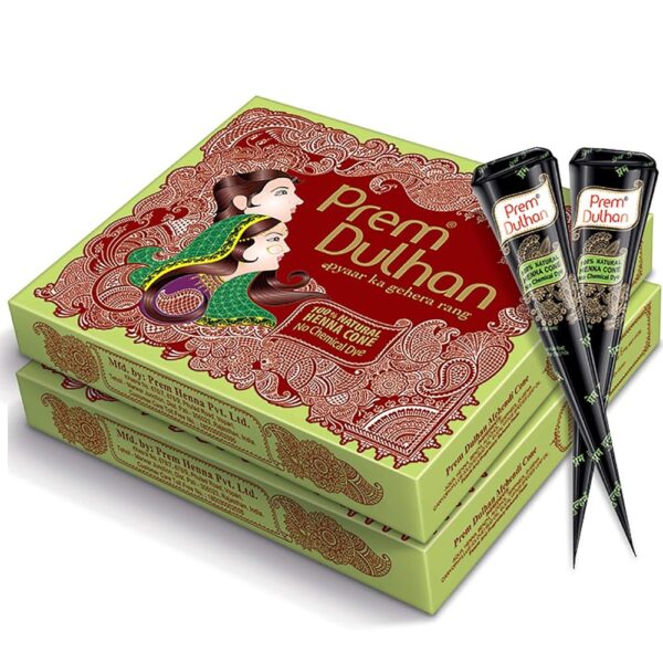 Prem Dulhan Mehendi Cone 12pc in 1 Box, 100% Pure Leaf of Natural Henna No Chemicals, No PPD, No Side Effects (Pack of 2)