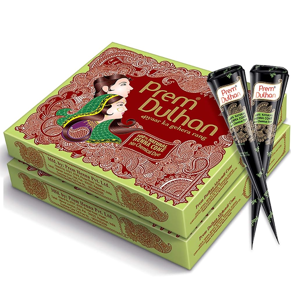 Prem Dulhan Mehendi Cone 12pc in 1 Box, 100% Pure Leaf of Natural Henna No Chemicals, No PPD, No Side Effects (Pack of 2)