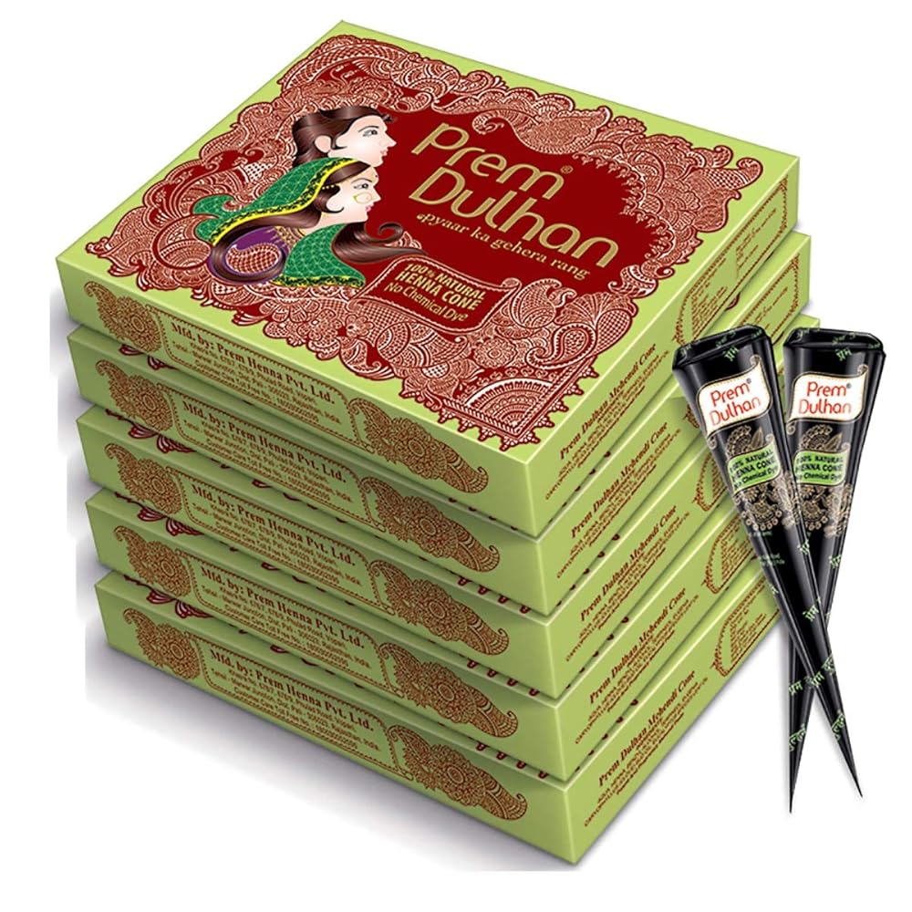 Prem Dulhan Mehendi Cone 12pc in 1 Box, 100% Pure Leaf of Natural Henna (Pack of 5)