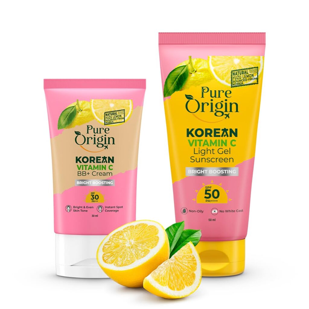Pure Origin Korean Vitamin C Bright Boosting Light Gel Sunscreen 50 PA++++ & Bright Boosting BB+ Cream Combo | Light Gel Texture sunscreen, No White Cast | Non Irritant | for...