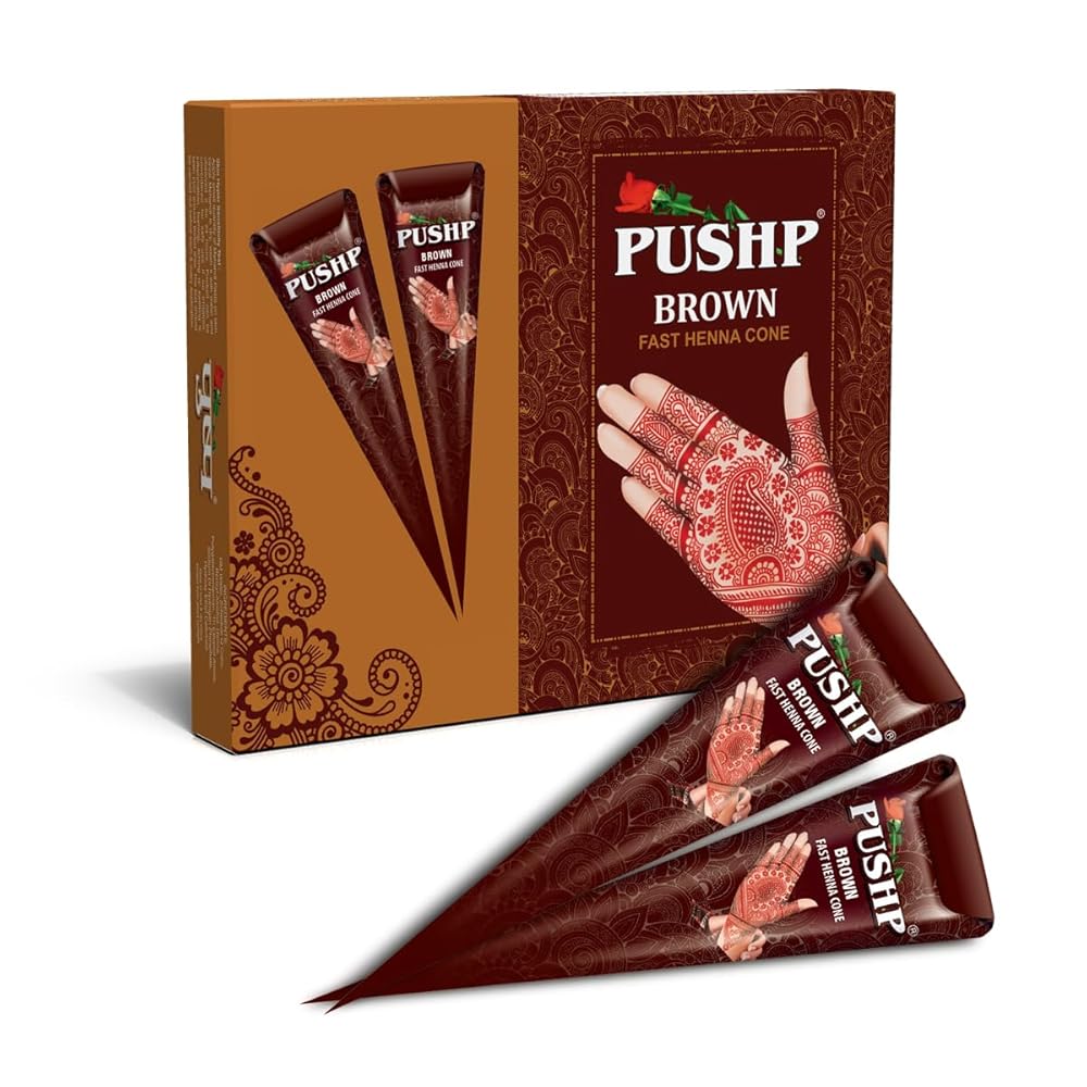 Pushp Henna Fast Cone (Brown) (pack of 12) Fast Colour Henna Cone | Fast Cone | Fast Mehndi Cone | Fast Mehndi | Brown Henna Cones Traditional Mehndi Design Kit | Instant Mehndi...