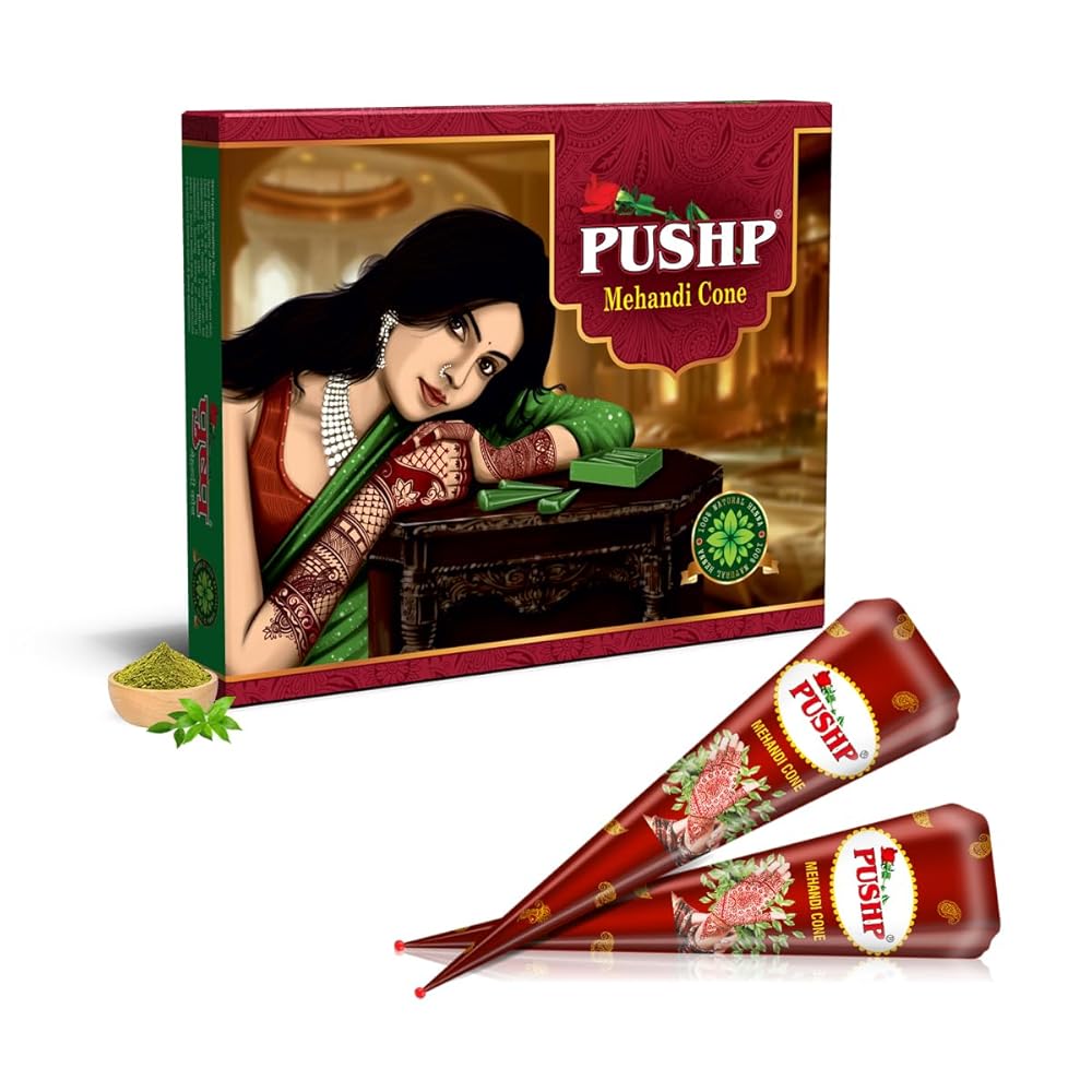 Pushp Henna Mehandi Cone Brown Wrapper (Pack of 12) Organic Mehndi Cones | Cone for wedding | instant Mehendi Cone | Organic Henna Cones | Men and Women | Mehandi Cone | Mehandi...