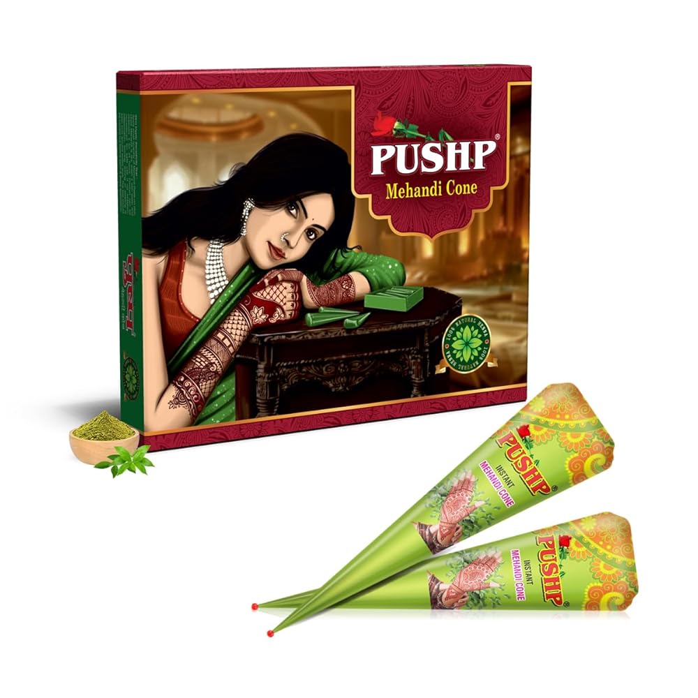 Pushp Henna Mehandi Cone Green Wrapper (Pack of 12) Organic Mehndi Cones | Dulhan Henna Cones for wedding | Organic Henna Cones | Men and Women
