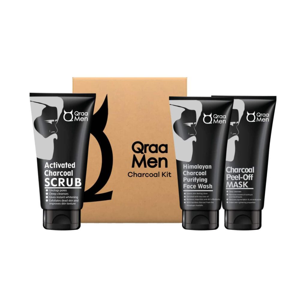 Qraa Men Charcoal Kit with Charcoal Scrub Charcoal Face Wash & Charcoal Peel-Off Mask (3 pcs) - Qraamen