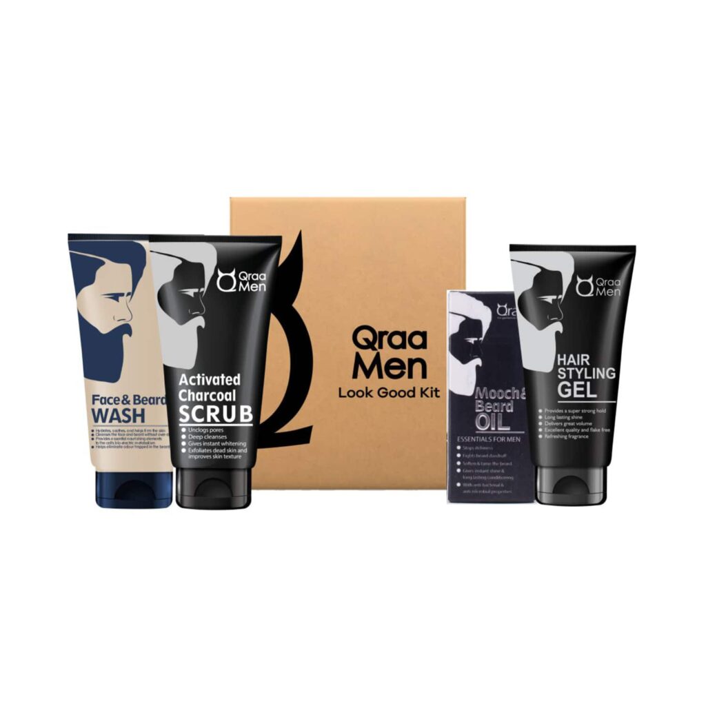 Qraa Men Look Good Kit with Face Wash Styling Gel Scrub & Beard Oil Premium Gift Box (4 pcs) - Qraamen