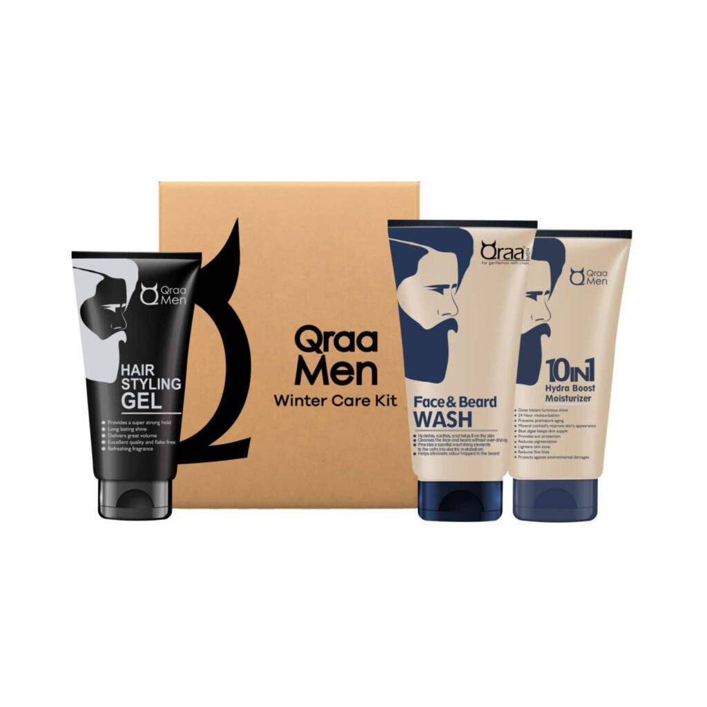 Qraa Men Winter Care Kit with Hair Styling Gel Face & Beard Wash Boost Moisturizer (3 pcs) - Qraamen