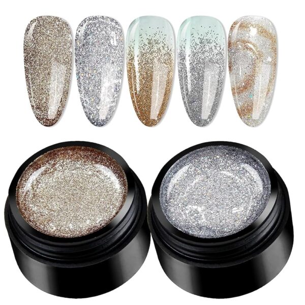 QUEENFINGER 2 Color Metallic Painting Gel, Golden Silver Painted Gel Nail Polish 3D Metal Painting Gel Drawing Nail Gel Glossy Soak Off UVLED DIY Nail Art Manicure