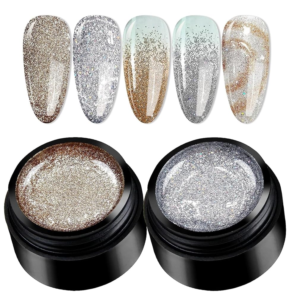 QUEENFINGER 2 Color Metallic Painting Gel, Golden Silver Painted Gel Nail Polish 3D Metal Painting Gel Drawing Nail Gel Glossy Soak Off UVLED DIY Nail Art Manicure
