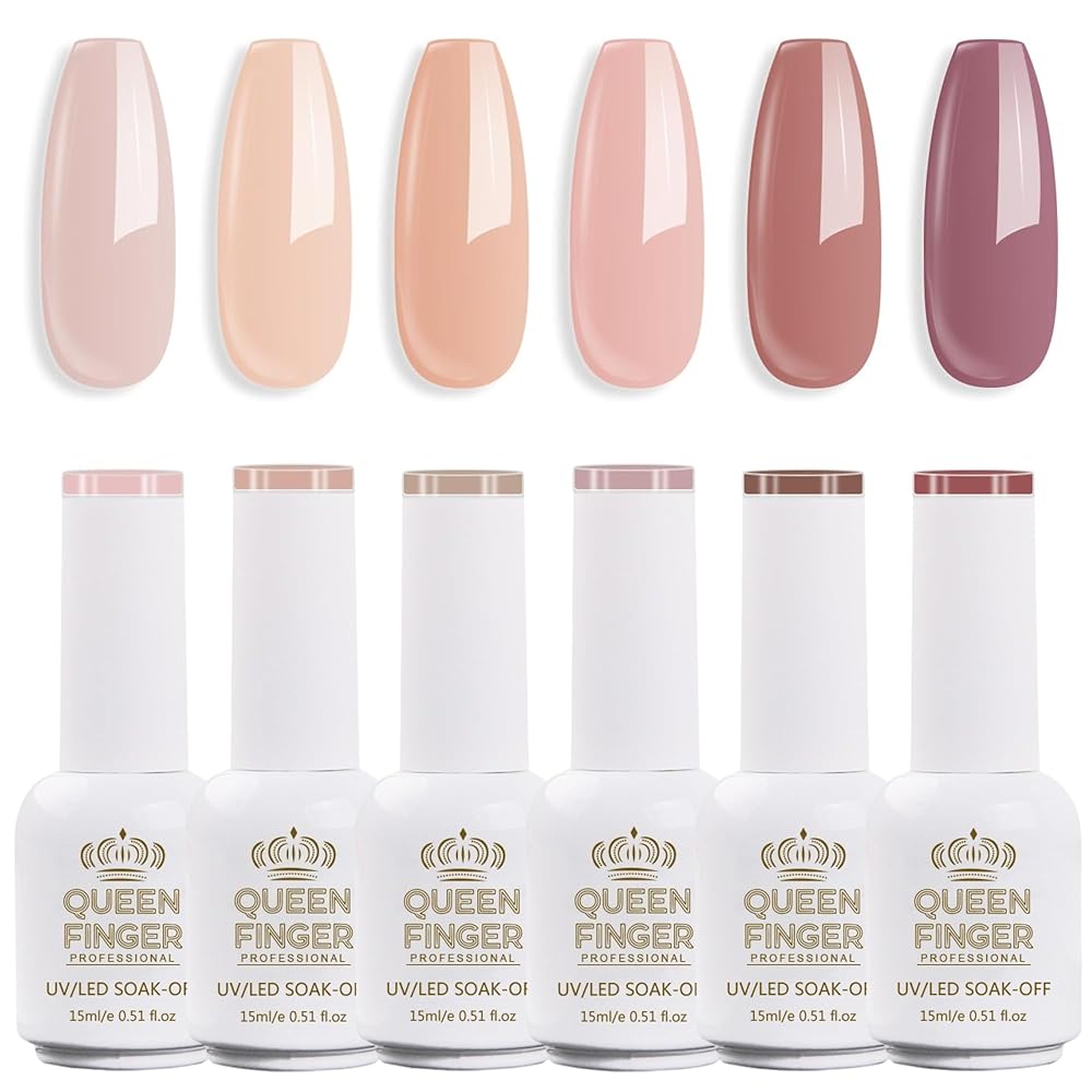 QUEENFINGER Gel Nail Polish Set - 6 ColorsPink Skin Tones Brown Colors Nail Polish For All Seasons Neutral Soak Off LED Lamp Cured Manicure Kit For Nail Art (18,77,78,72,88,130)...