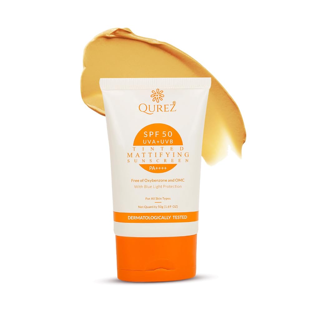 Qurez Spf 50 Tinted Mattifying Sunscreen, Matte No White Cast For All Skins Broad Spectrum Blue Light Protection Pa++++, 50g
