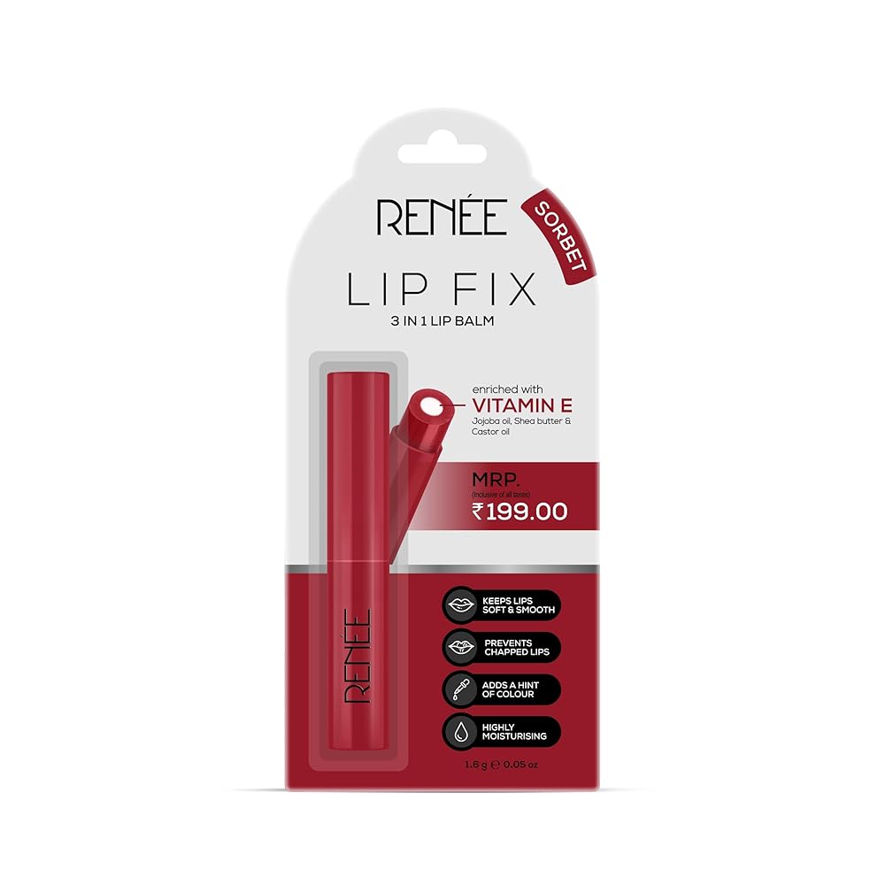 RENEE Lip Fix 3 in 1 Tinted Lip Balm 01 Sorbet 1.6 Gm, Heals, Lightens & Nourishes, Dual Core Care Enriched with Vitamin E, Shea Butter & Jojoba Oil for Dry & Chapped Dry Lips