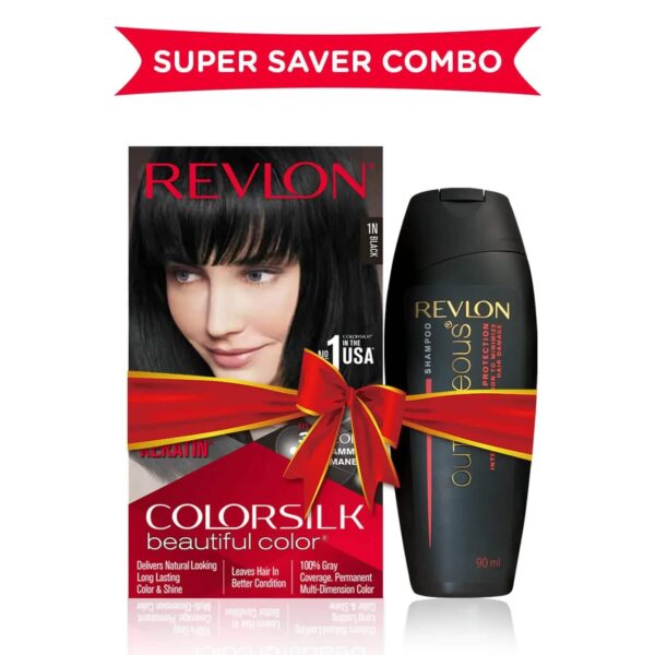 Revlon Colorsilk Beautiful Hair Color with Keratin + Free Shampoo - 1N Black (90ml) - Revlon
