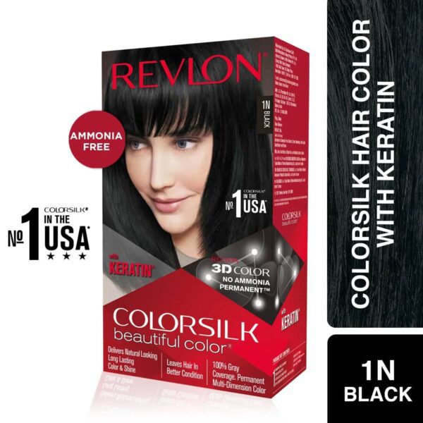 Revlon Colorsilk Beautiful Hair Color with Keratin + Free Shampoo - 1N Black (90ml) - Revlon