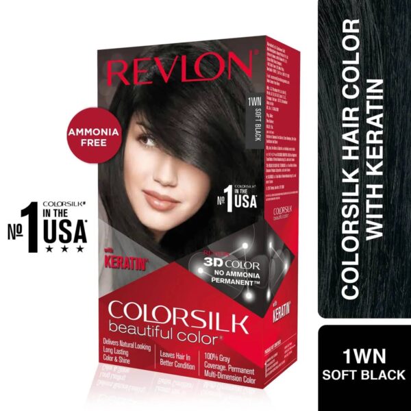 Revlon Colorsilk Beautiful Hair Color with Keratin + Free Shampoo - 1WN Soft Black (91.8ml) - Revlon