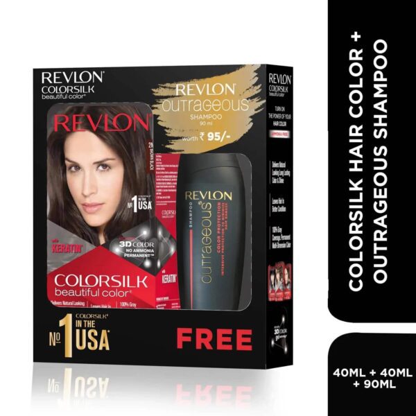 Revlon Colorsilk Beautiful Hair Color with Keratin + Free Shampoo - 2N Brown Black (91.8ml + 90 ml) - Revlon
