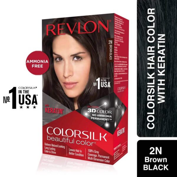 Revlon Colorsilk Beautiful Hair Color with Keratin + Free Shampoo - 2N Brown Black (91.8ml + 90 ml) - Revlon