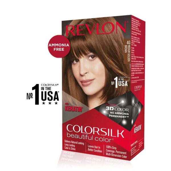 Revlon Colorsilk Beautiful Hair Color with Keratin + Free Shampoo - 4G Medium Golden Brown (91.8ml) - Revlon