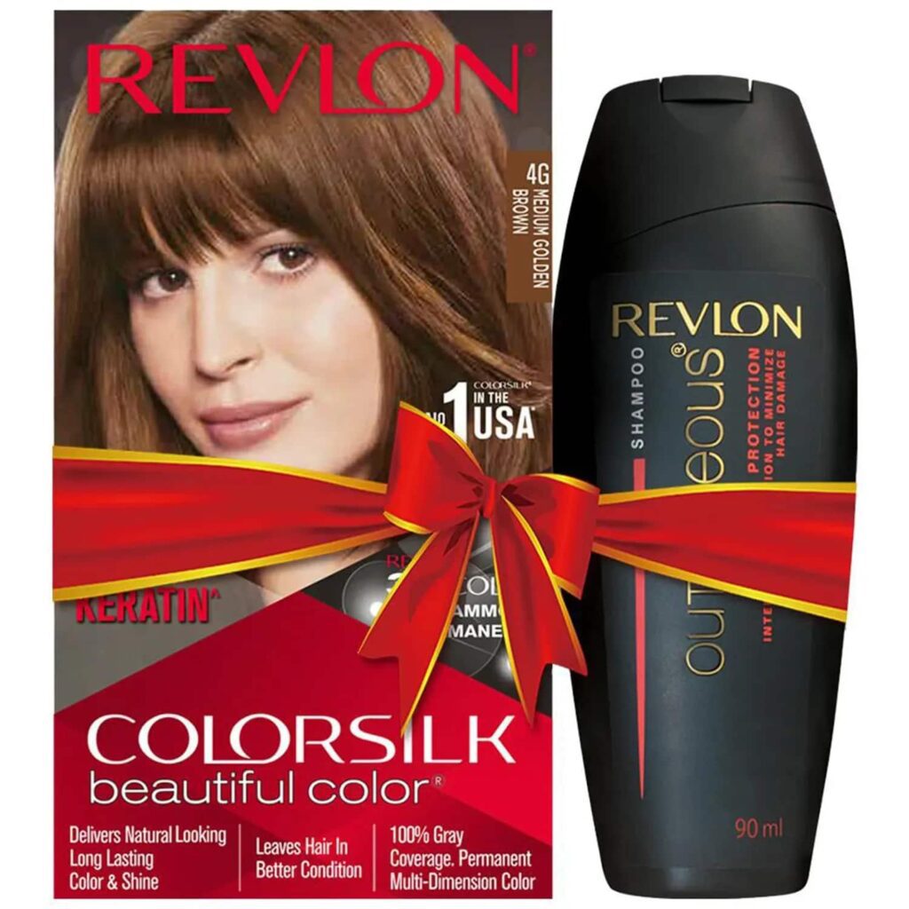 Revlon Colorsilk Beautiful Hair Color with Keratin + Free Shampoo - 4G Medium Golden Brown (91.8ml) - Revlon