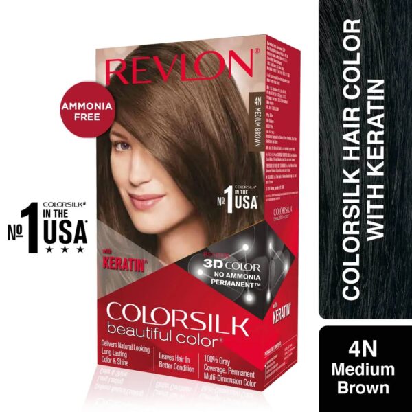 Revlon Colorsilk Beautiful Hair Color with Keratin + Free Shampoo - 4N Medium Brown (91.8ml) - Revlon