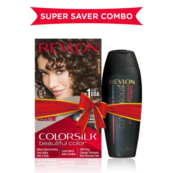 Revlon ColorSilk Hair Color with Keratin - 3N Dark Brown - with Outrageous Shampoo 90 ml (150ml) - Revlon