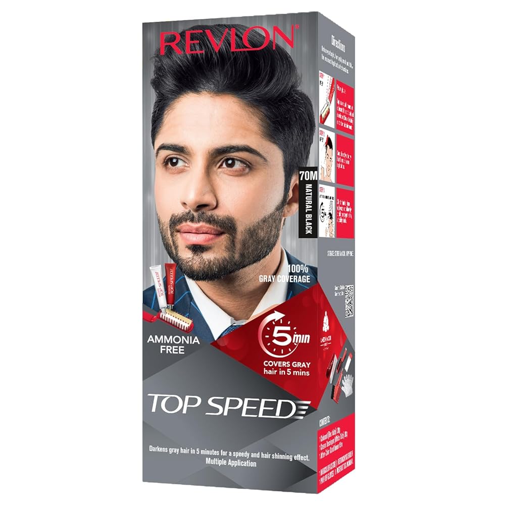 Revlon Top Speed Hair Color for Men Natural Black | Infused with Mother of Pearl and Ginseng Root extract for Intense Conditioning | 100% Grey Coverage in 5 Minutes | Shiny &...