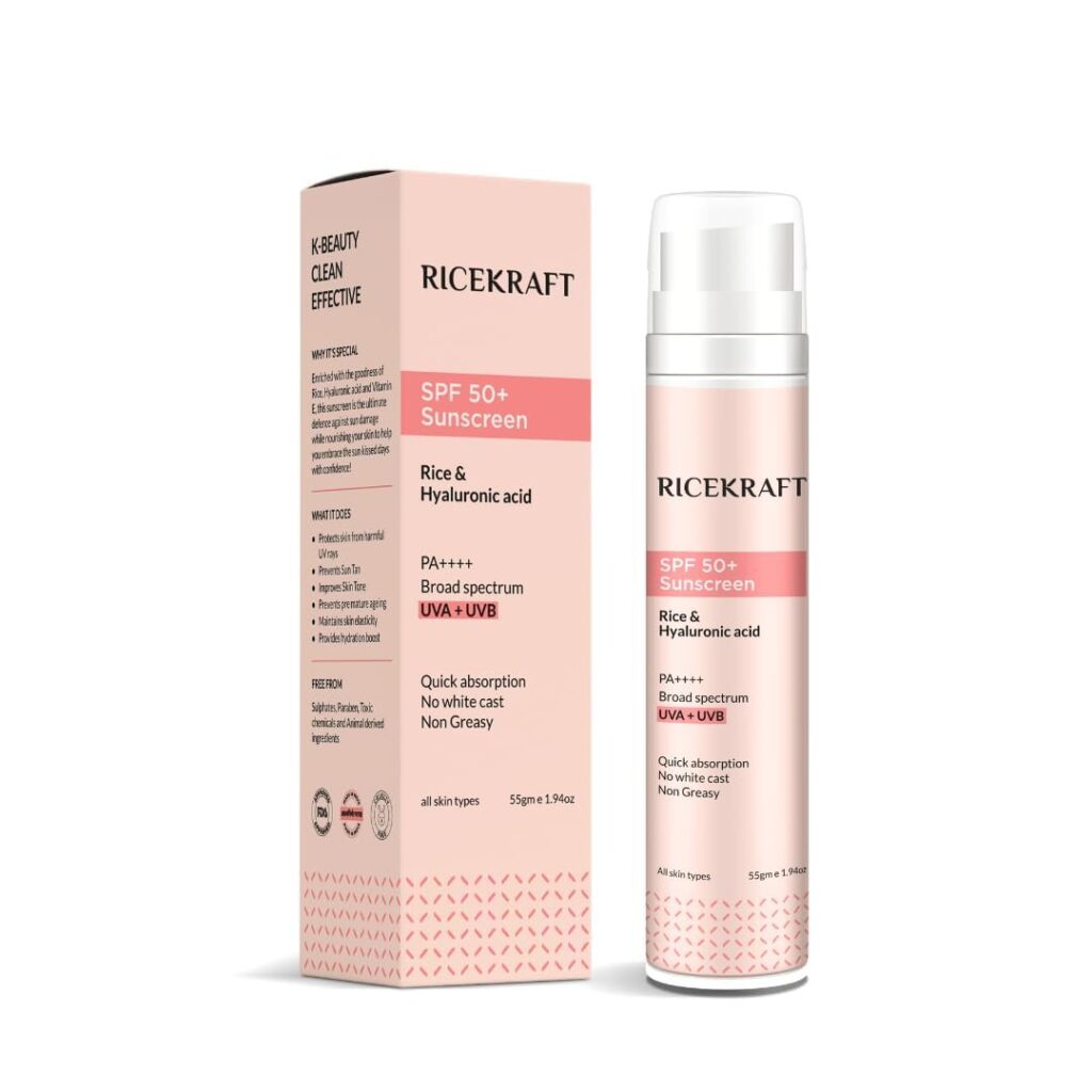 Ricekraft SPF 50+ Korean Sunscreen with Rice & Hyaluronic Acid for Broad Spectrum, PA++++ Protection | Light weight | Quick absorption, No White Cast, Non Greasy | Fragrance...