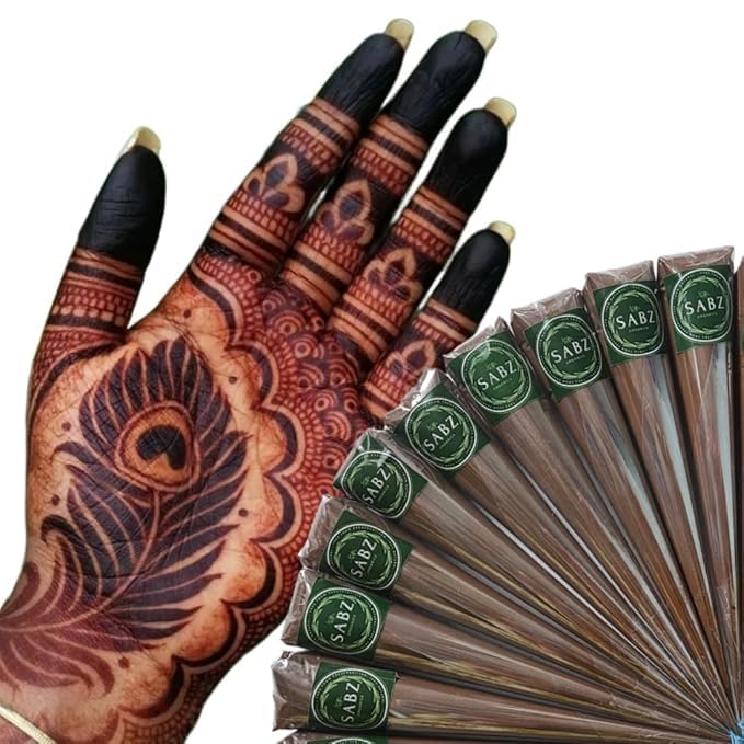 Richa Organics Mehendi Cones: Natural Ingredients for Dark, Long-Lasting Stains, Eco-Friendly and Pure, Ideal for Vibrant Designs & Brides | 1 Box Contains 6 Cones
