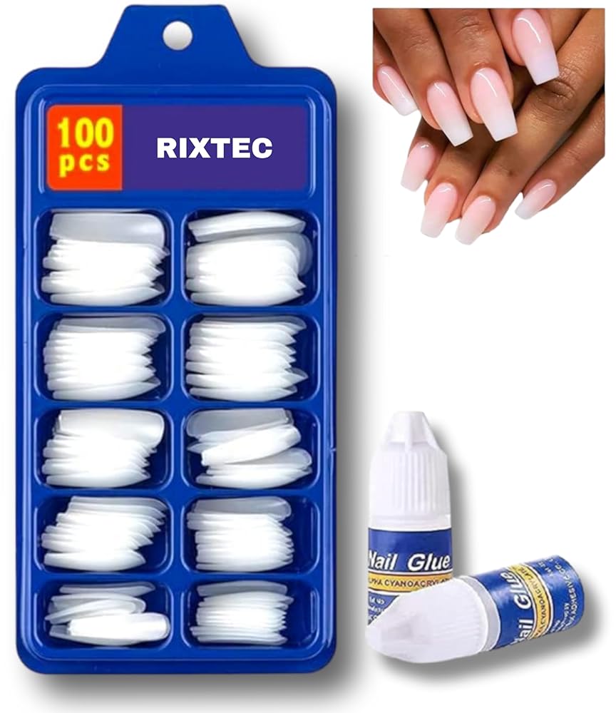 RIXTEC Professional 100-Piece Artificial Nails Set - 100 White nail with 1 Nail Glue Combo - Nail Salon Quality