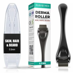 RUBAB MEN 0.5Mm Derma Roller With Travel Case|For Hair Growth&Rejuvenates Skin Tone|540 Titanium Needles Activates Follicles For Faster,Thicker&Fuller Patchy Beard...