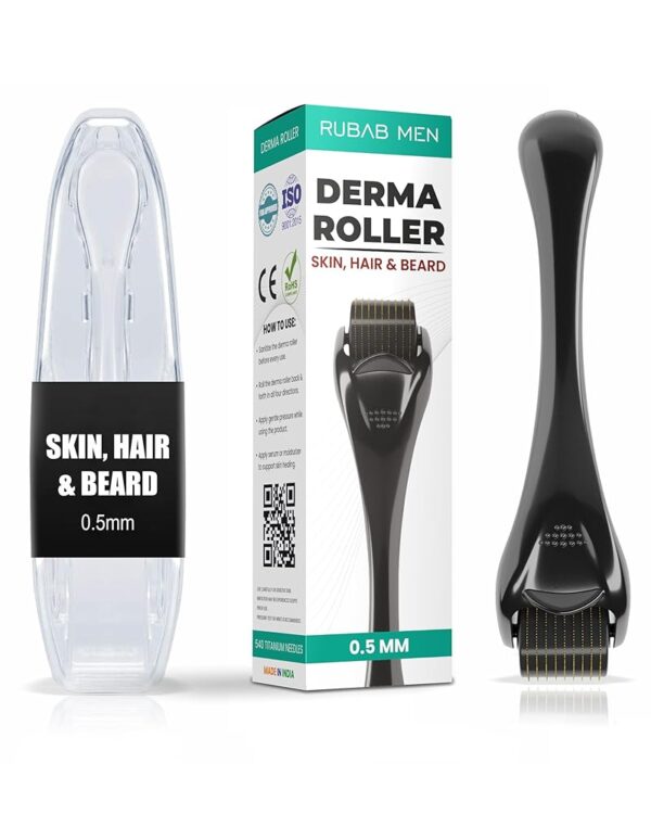 RUBAB MEN 0.5Mm Derma Roller With Travel Case|For Hair Growth&Rejuvenates Skin Tone|540 Titanium Needles Activates Follicles For Faster,Thicker&Fuller Patchy Beard...