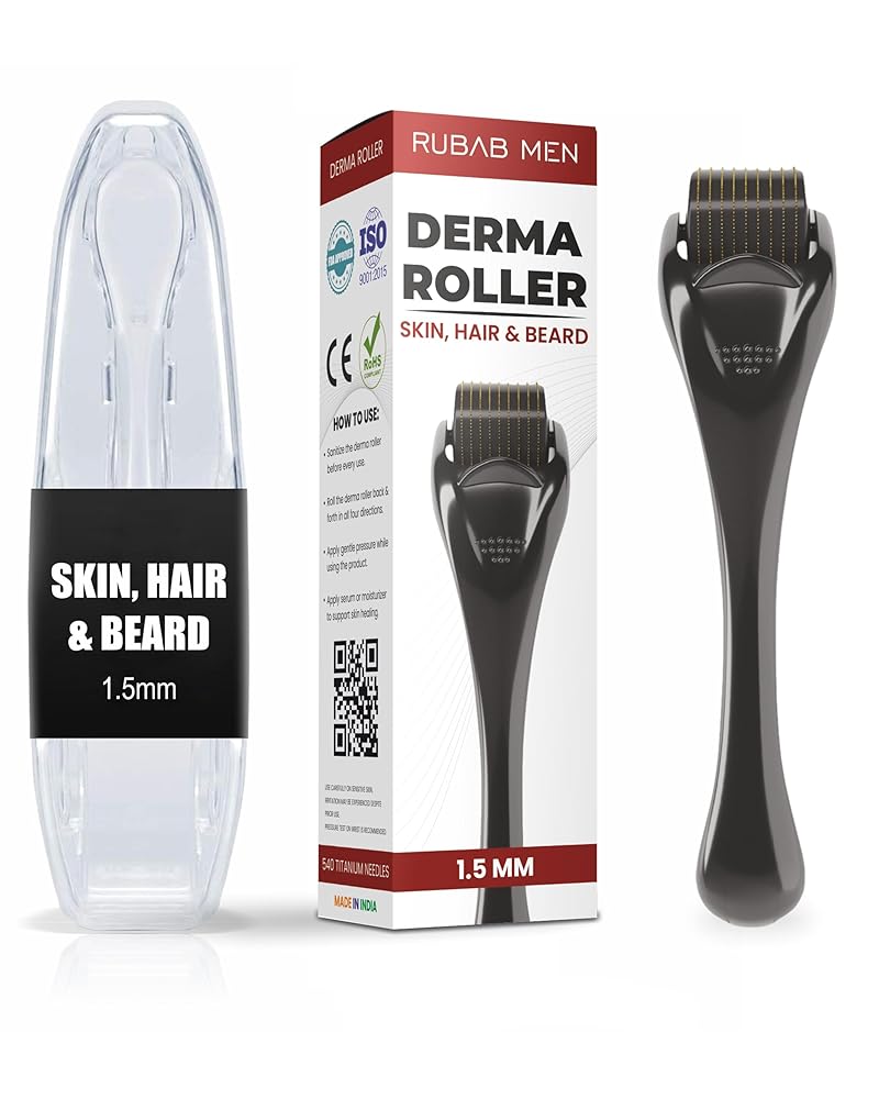 RUBAB MEN Derma Roller 1.5mm for Hair Regrowth with Travel Case | Hair Roller & Derma Roller for Beard Growth Men | 540 Titanium Alloy Needles For Skin & Hair | Easy & Safe Use