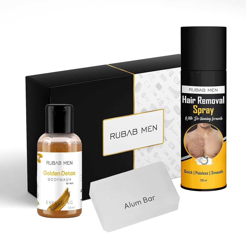 RUBAB MEN Hair Removal Foam Spray for Men - 200ml | Comes with Alum Bar, BodyWash & Wet Wipes | Painless, Quick & Easy To Use Body Hair Remover For Chest, Back, Legs, Under Arms