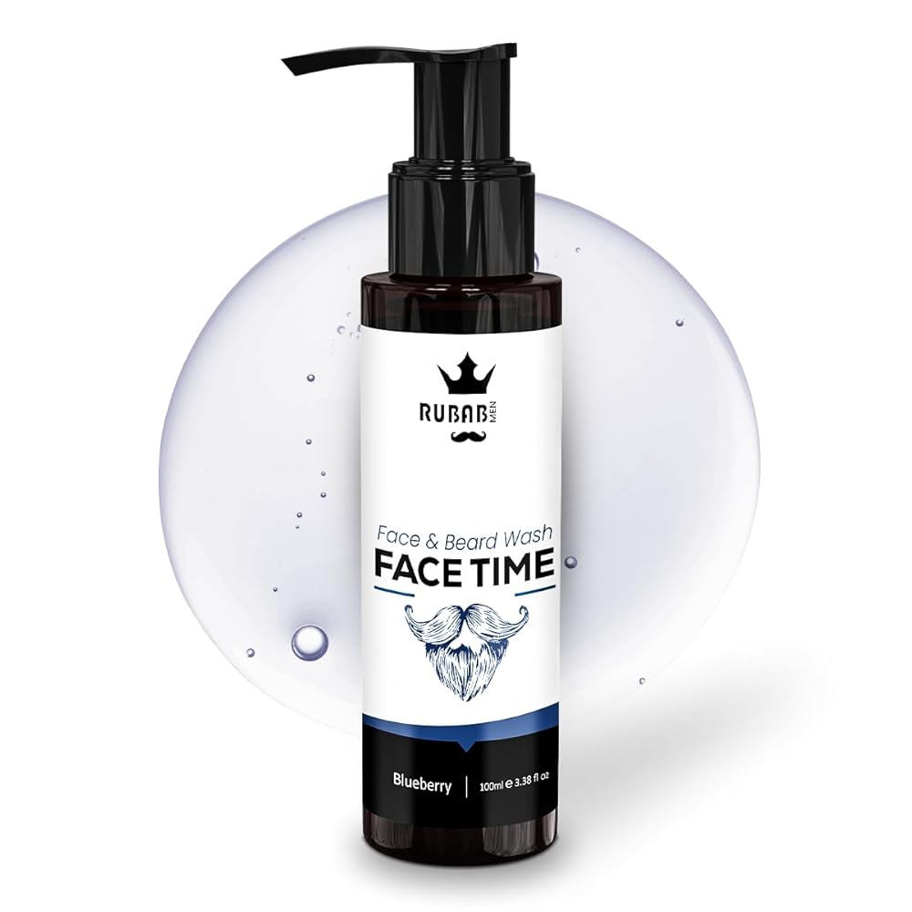 RUBAB MEN Hydrating 3-in-1 Mustache, Beard & Face Wash for Men- 100ml | Softens Beard & Gives Refreshed Even Skin Tone | Ocean BlueBerry Aroma | Free From SLS & Paraben