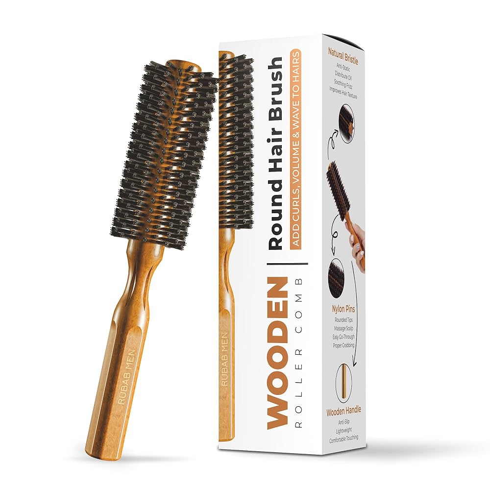 Rubab Men Round Hair Brush Comb for Men & Women | Premium Hair Roller Comb for Volume, Straightening, Curling & Blow Drying | Anti-Slip Wooden Handle, Natural Bristles & Flexi...