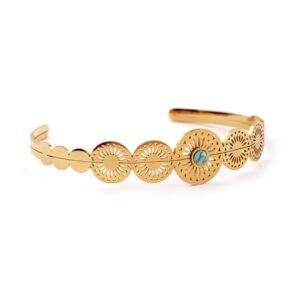 Rubans 18K Gold Plated Intricate Cutwork & Blue Stone-Studded Open Cuff Bracelet for Women & Girls – Stylish & Trendy