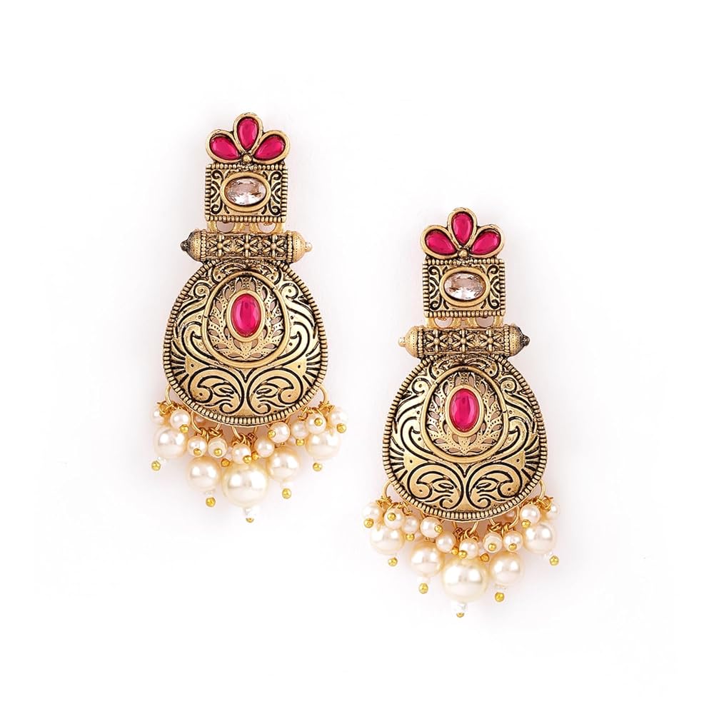 Rubans 18K Gold-Plated Pink Stone Studded Handcrafted Chandbali Earrings with Pearl Beaded Accents for Womens & Girls