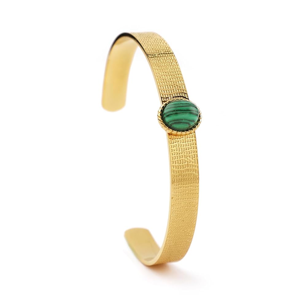 Rubans 18K Gold-Plated Textured Open Cuff Bracelet with Emerald Green Stone Accent for Women & Girls