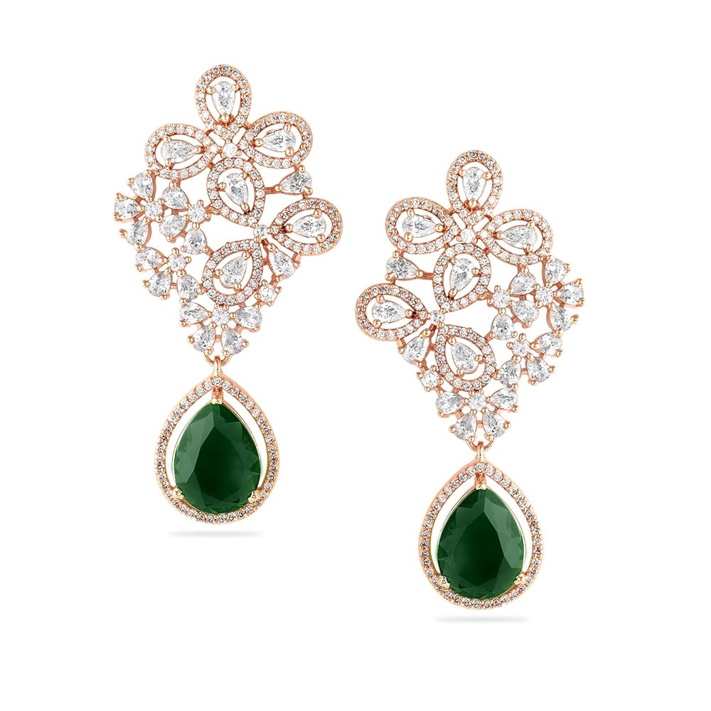 Rubans 18K Rose Gold-Plated Cubic Zirconia Studded & Emerald Green Drop Earrings