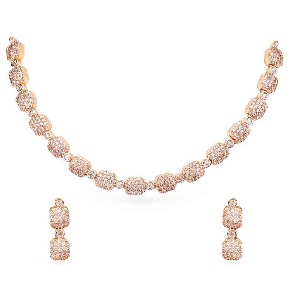 Rubans 18K Rose Gold Plated White Cubic Zirconia Studded Elegant Necklace Set with Matching Earrings for Women & Girls