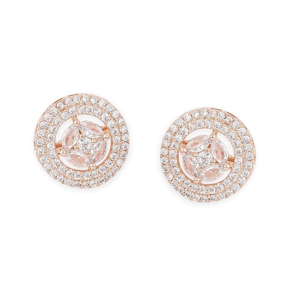 Rubans 18K Rose Gold-Plated White Cubic Zirconia Studded Minimal Round Premium Stud Earrings for Women & Girls