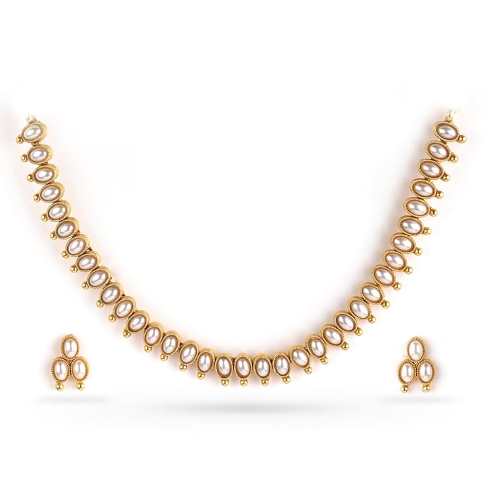 Rubans 22K Gold-Plated Handcrafted Artificial Jewelry Oval Choker Set with Pearl Studded And Matching Earrings For Women and Girls – Perfect for Weddings and Special Occasions