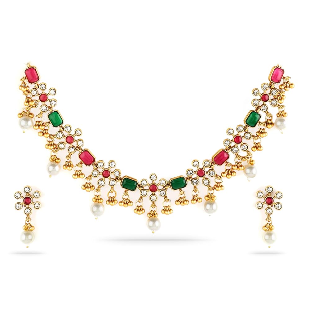 Rubans 22K Gold-Plated Handcrafted Artificial Jewelry Set-Stone Studded with Matching Earrings For Women and Girls – Perfect for Weddings and Special Occasions