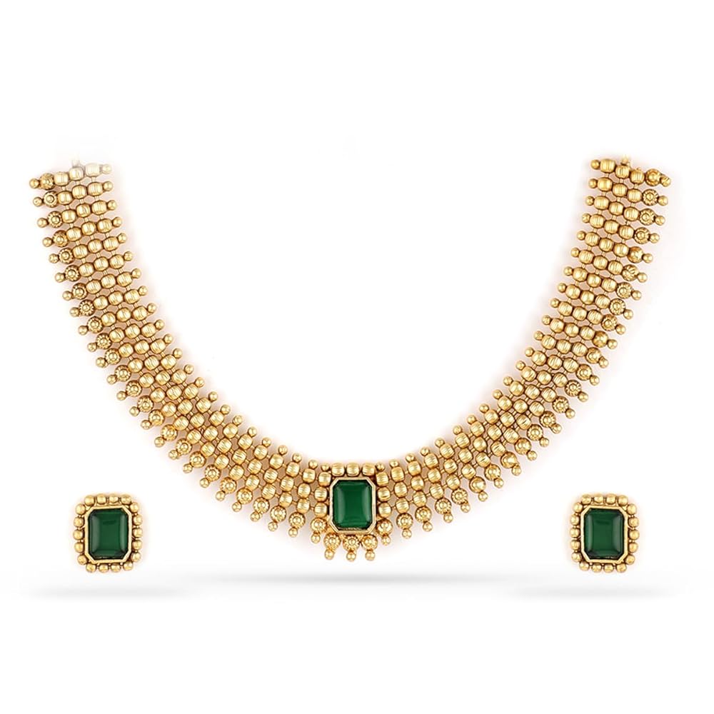 Rubans 22K Gold-Plated Handcrafted Artificial Jewelry Set-Stone Studded with Beads & Matching Earrings For Women and Girls – Perfect for Weddings and Special Occasions