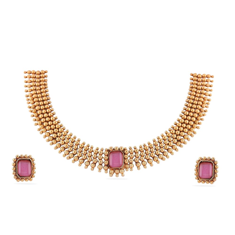 Rubans 22K Gold-Plated Handcrafted Artificial Jewelry Set-Stone Studded with Beads & Matching Earrings For Women and Girls – Perfect for Weddings and Special Occasions