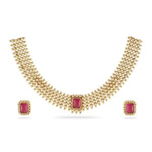 Rubans 22K Gold-Plated Handcrafted Artificial Jewelry Set-Stone Studded with Beads & Matching Earrings For Women and Girls – Perfect for Weddings and Special Occasions