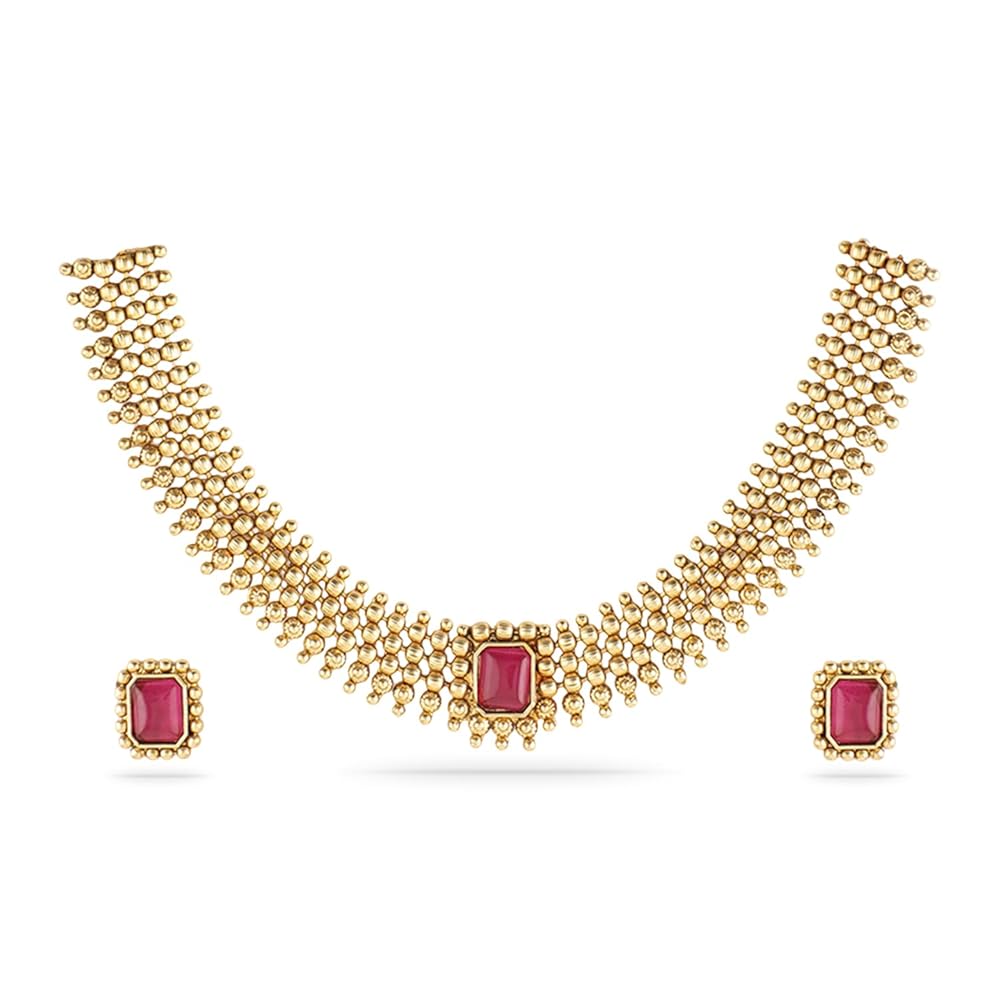 Rubans 22K Gold-Plated Handcrafted Artificial Jewelry Set-Stone Studded with Beads & Matching Earrings For Women and Girls – Perfect for Weddings and Special Occasions