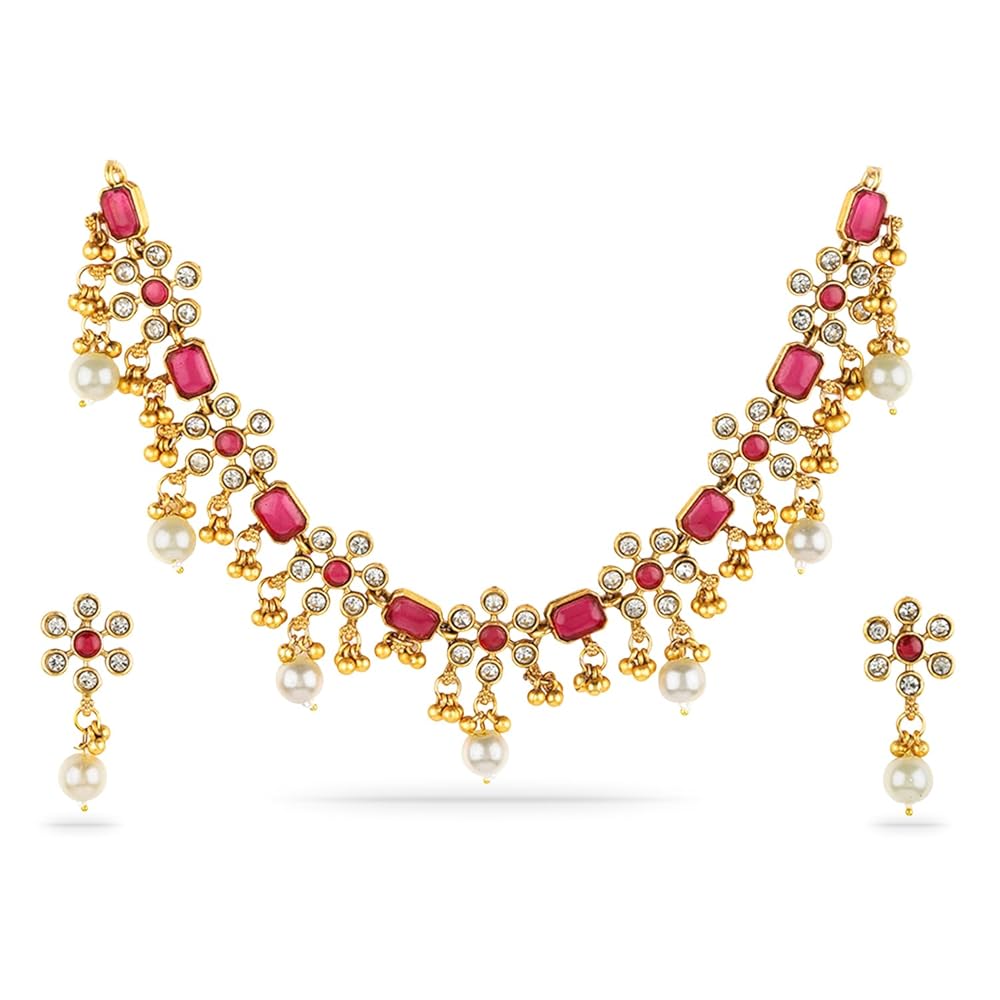 Rubans 22K Gold-Plated Handcrafted Artificial Jewelry Set-Stone Studded with Matching Earrings For Women and Girls – Perfect for Weddings and Special Occasions