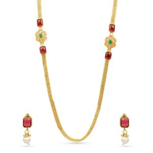Rubans 22K Gold-Plated Handcrafted Artificial Jewelry Set with Pink Ruby Stones & White Beaded with Earrings For Women and Girls – Perfect for Weddings and Special Occasions