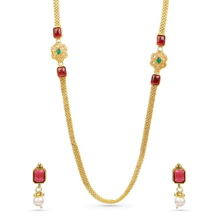 Rubans 22K Gold-Plated Handcrafted Artificial Jewelry Set with Pink Ruby Stones & White Beaded with Earrings For Women and Girls – Perfect for Weddings and Special Occasions