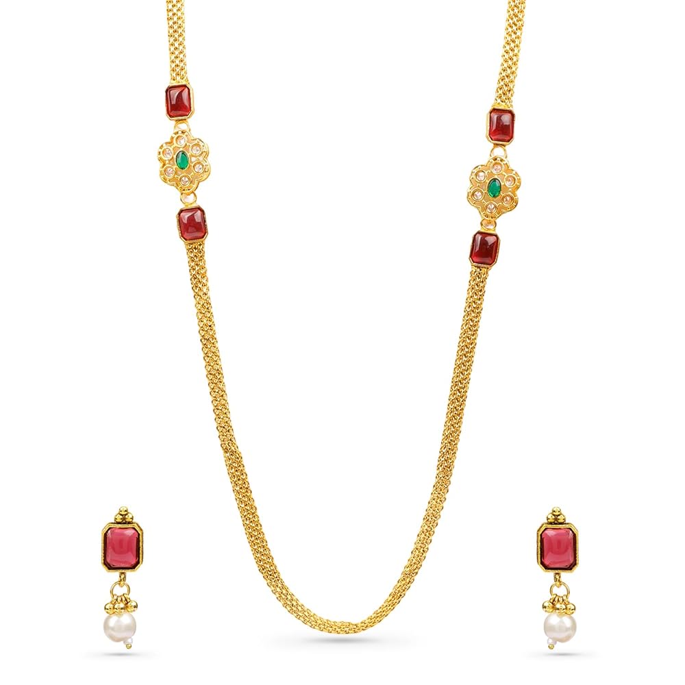 Rubans 22K Gold-Plated Handcrafted Artificial Jewelry Set with Pink Ruby Stones & White Beaded with Earrings For Women and Girls – Perfect for Weddings and Special Occasions